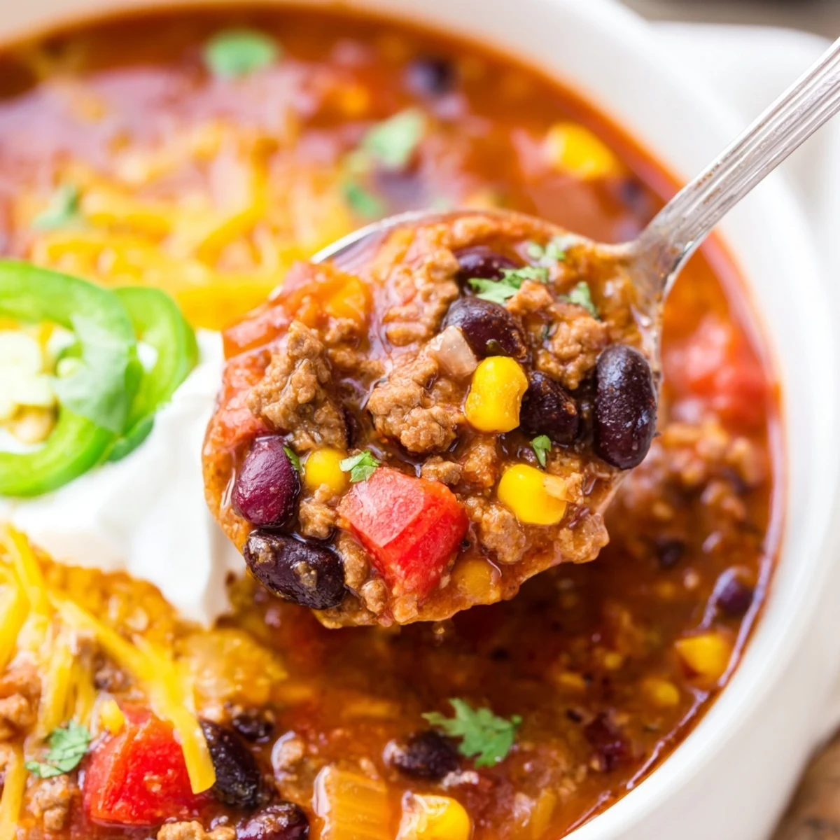 Hearty Crockpot Ground Beef Taco Soup loaded with tender beans, sweet corn, and colorful peppers