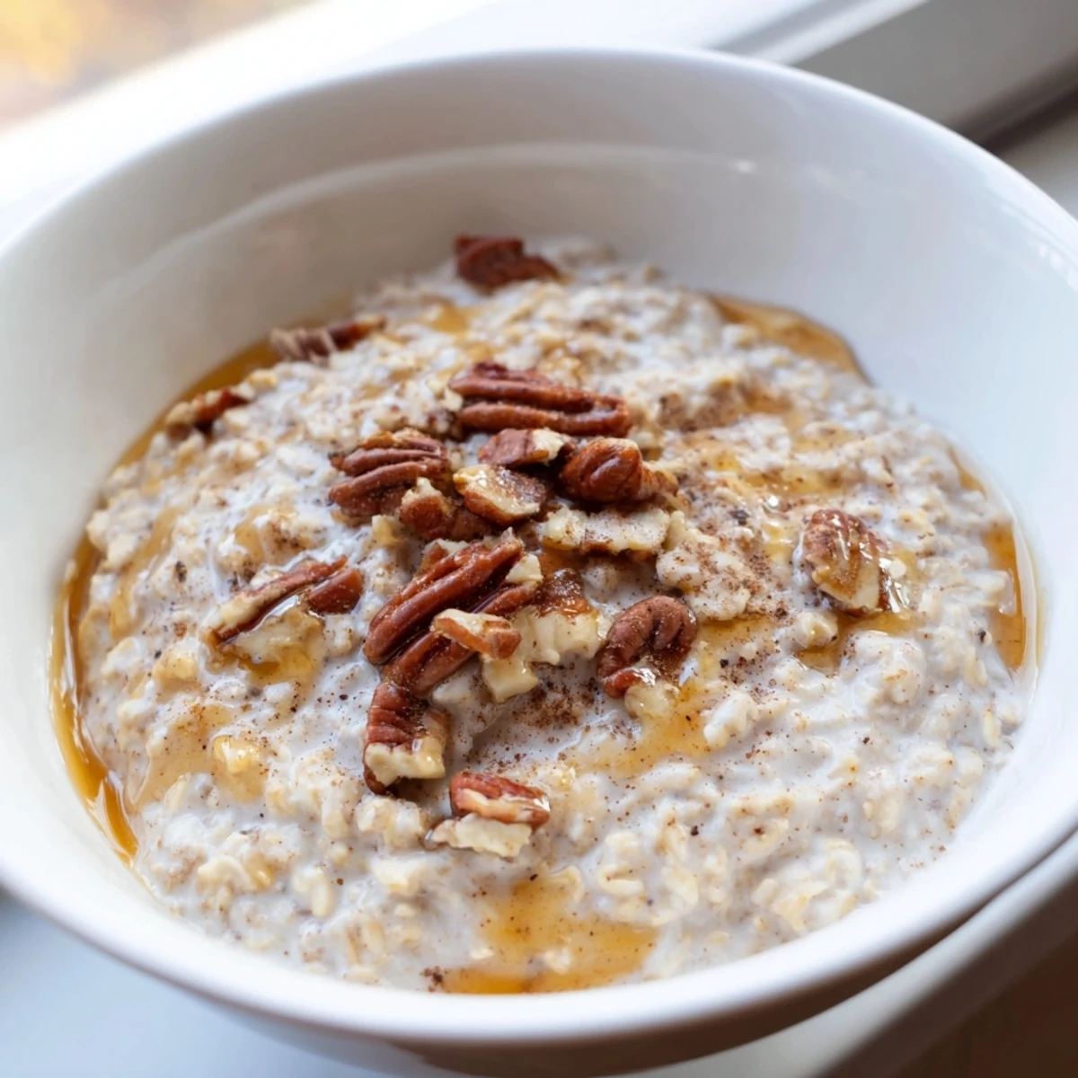 Creamy maple cinnamon pecan overnight oats in a mason jar with toasted nut topping