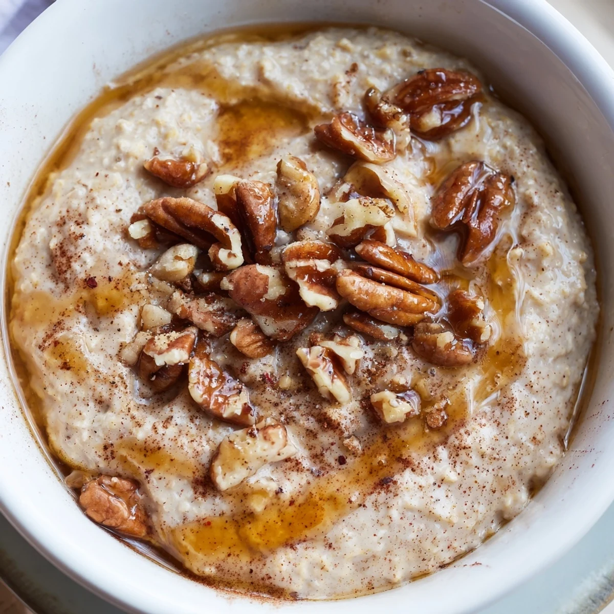 Maple cinnamon pecan overnight oats topped with crunchy nuts and a sweet drizzle