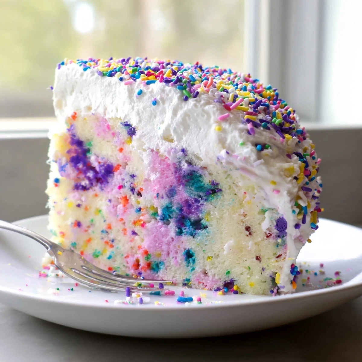 Colorful Unicorn Poke Cake slice with rainbow pudding swirls and whipped topping