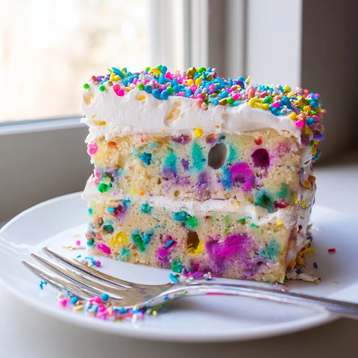 Unicorn Poke Cake topped with sprinkles in a bright baking pan
