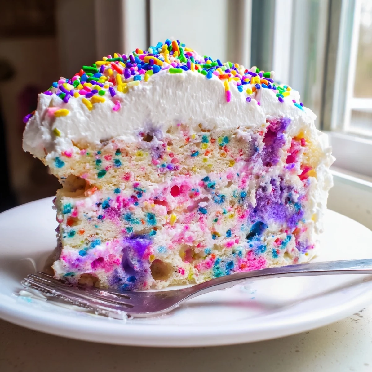 Pastel pudding filling oozes from this festive Unicorn Poke Cake dessert