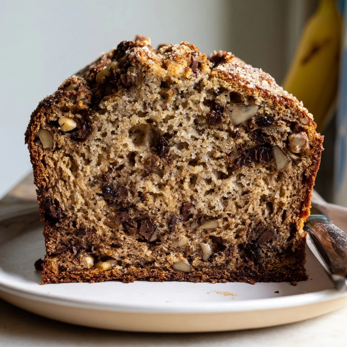 Golden slice of moist banana bread with walnuts on a rustic cutting board