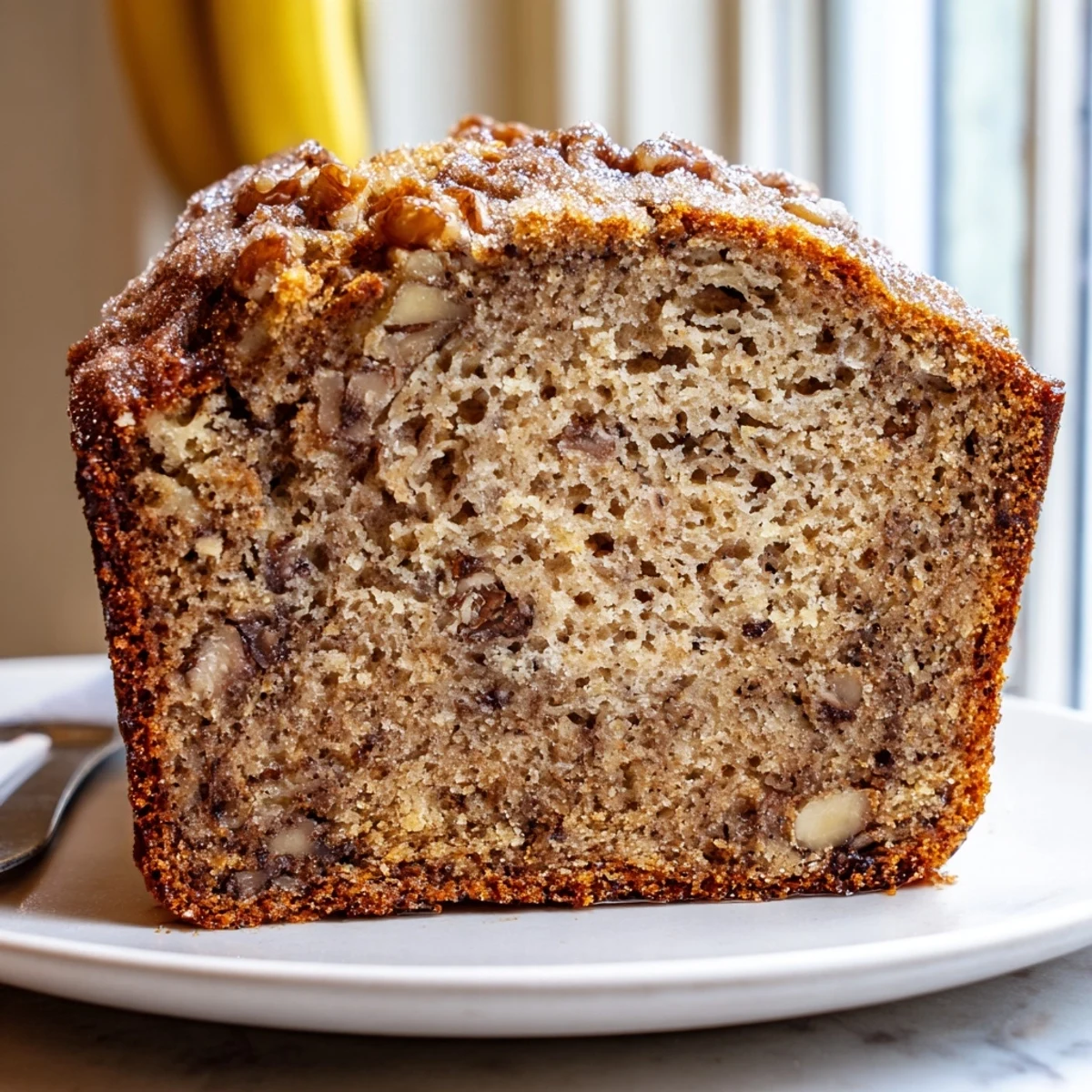 Warm moist banana bread loaf fresh from the oven with cracked top