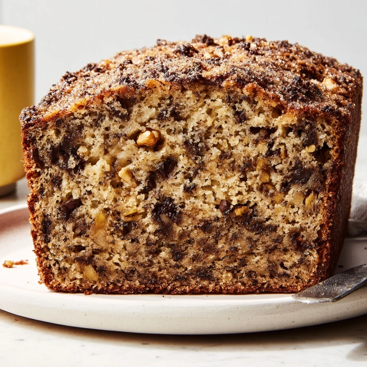 Thick slice of moist banana bread served with butter on a plate