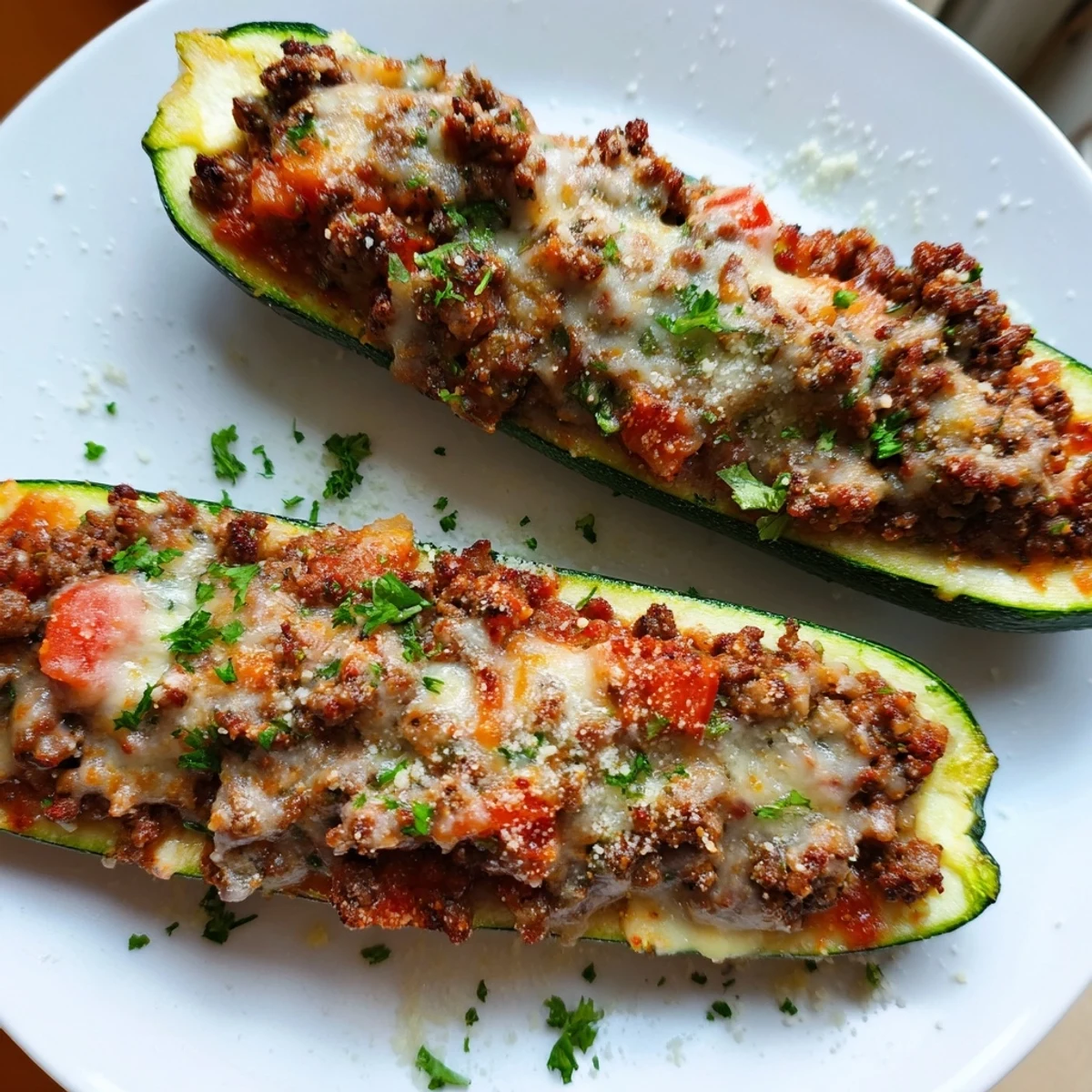 Savory stuffed zucchini boats with ground beef overflowing with herbed tomato filling under a crispy cheese crust