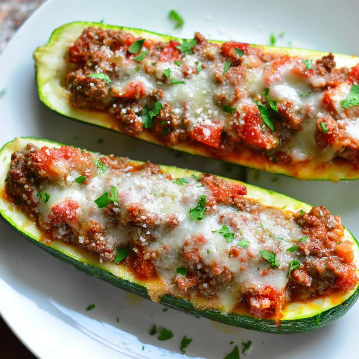 Golden baked stuffed zucchini boats with ground beef topped with bubbly melted mozzarella cheese on a rustic plate