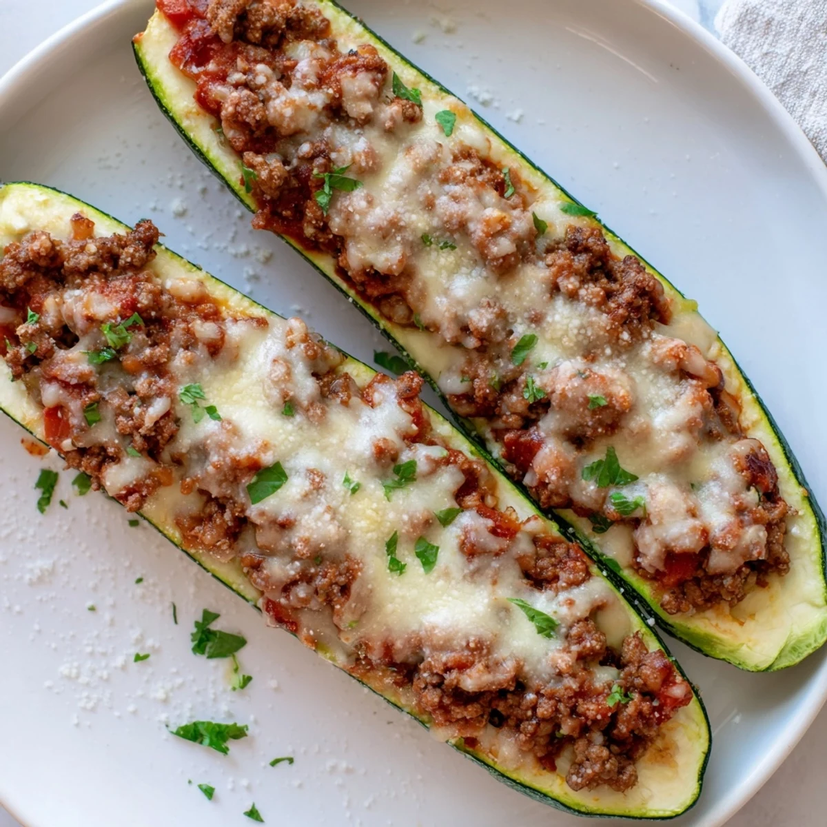 Tender halved zucchini boats stuffed with seasoned ground beef and bright tomatoes served fresh from the oven