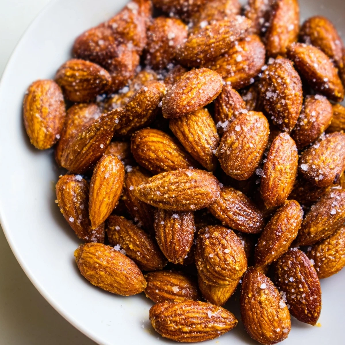 Golden roasted almonds sprinkled with sea salt in a rustic ceramic bowl