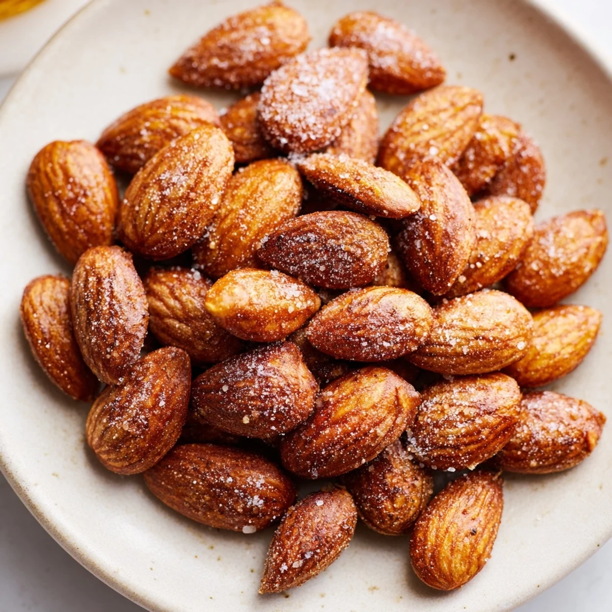 Warm roasted almonds glistening with olive oil on a parchment-lined baking sheet