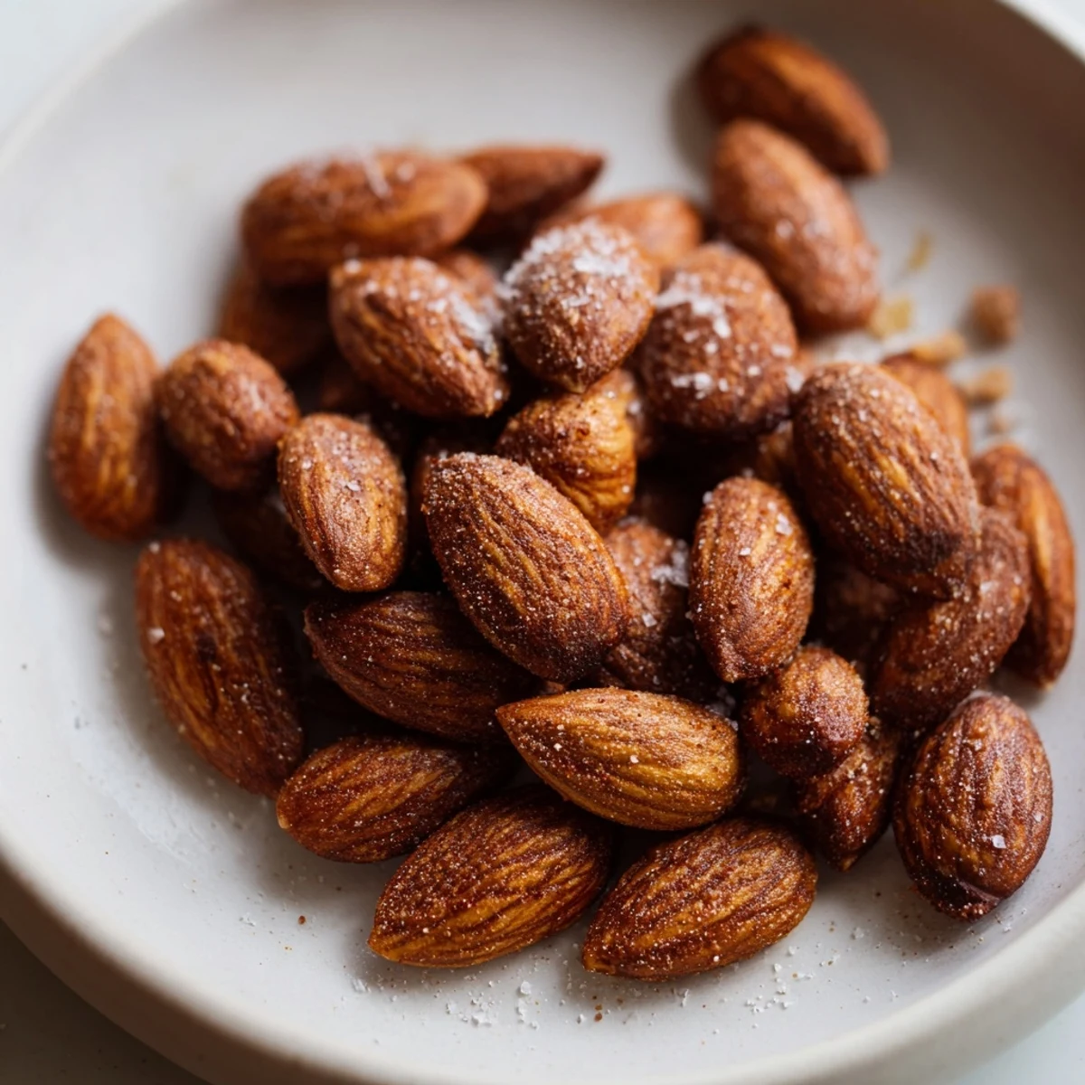 Crunchy spiced roasted almonds piled in a serving dish ready for snacking