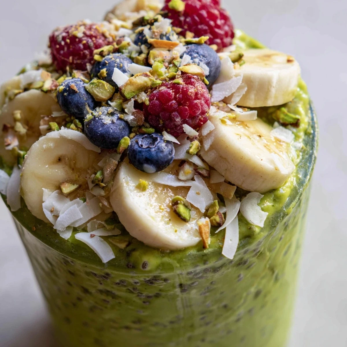 Creamy matcha overnight oats in a mason jar topped with fresh berries and coconut flakes
