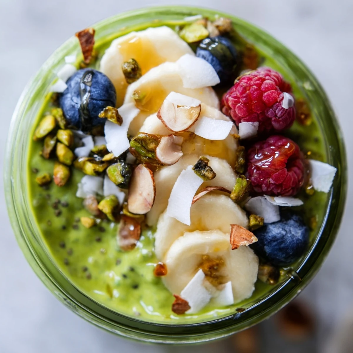 Vibrant green matcha overnight oats swirled with chia seeds and drizzled with golden honey