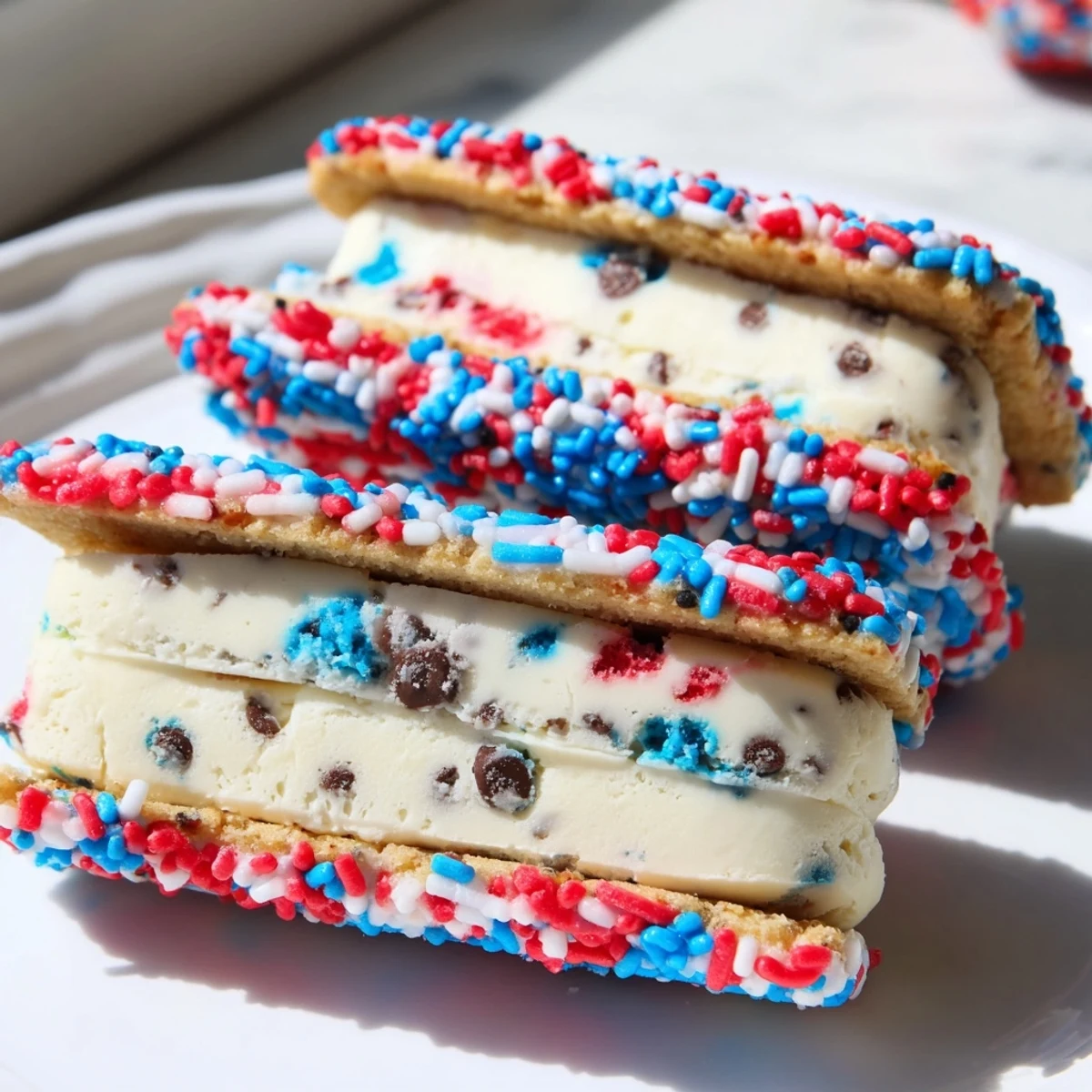 Patriotic Mini Ice Cream Sandwiches coated in colorful red white and blue sprinkles