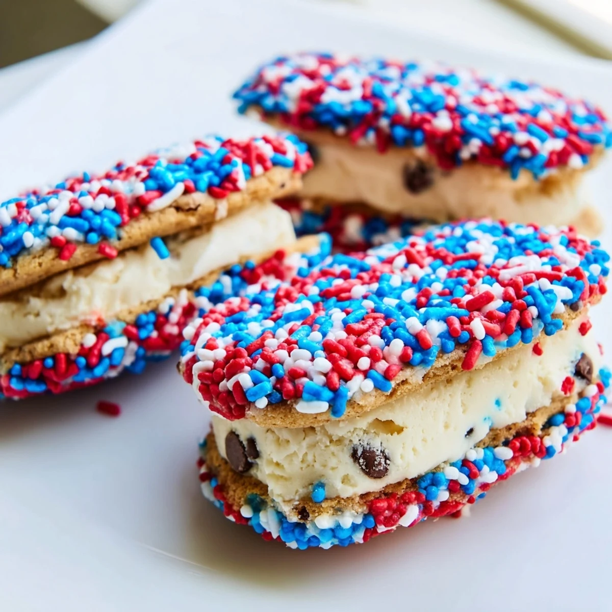 Bite-sized Patriotic Mini Ice Cream Sandwiches with creamy vanilla filling on a festive tray