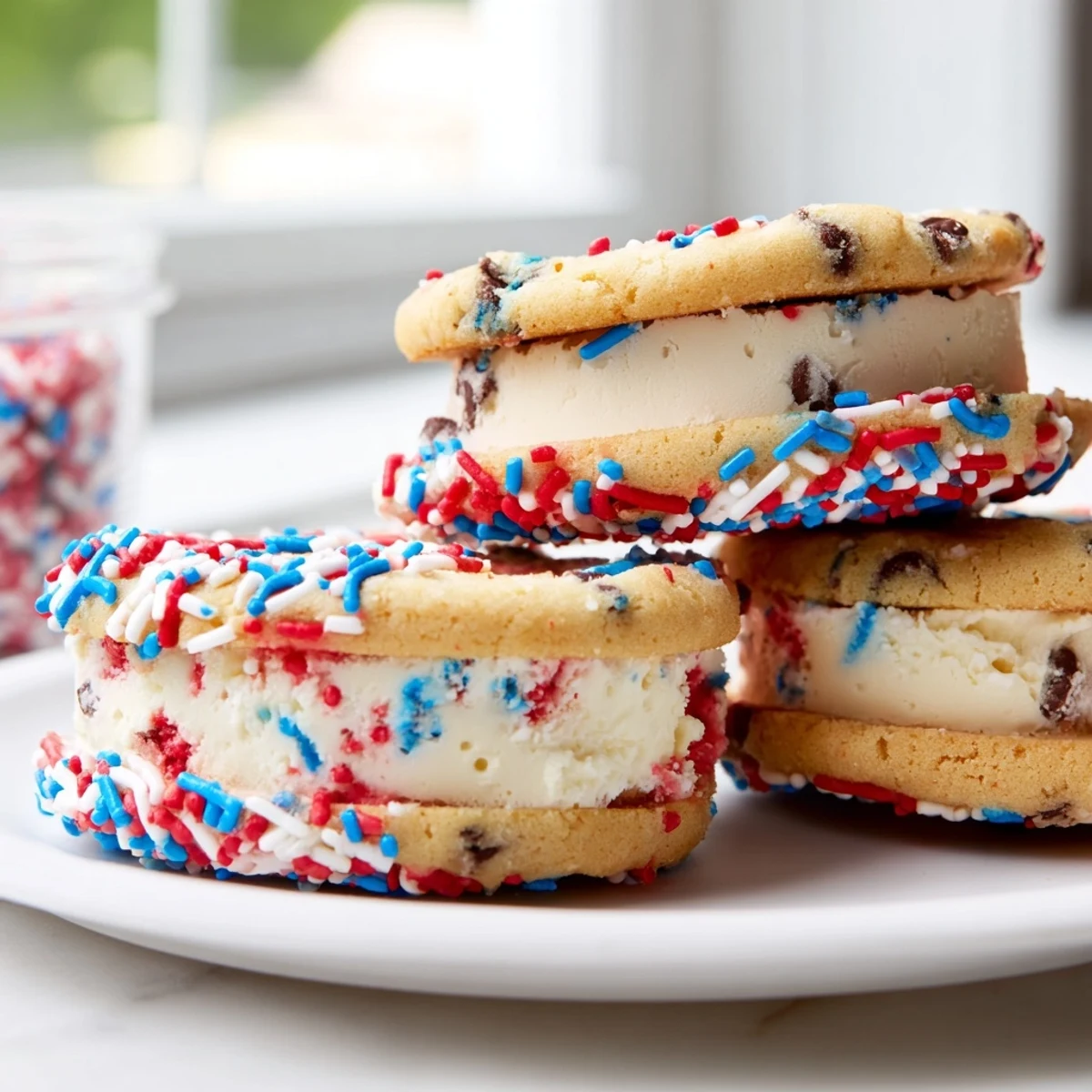 Festive Patriotic Mini Ice Cream Sandwiches pressed between soft chocolate chip cookies for summer