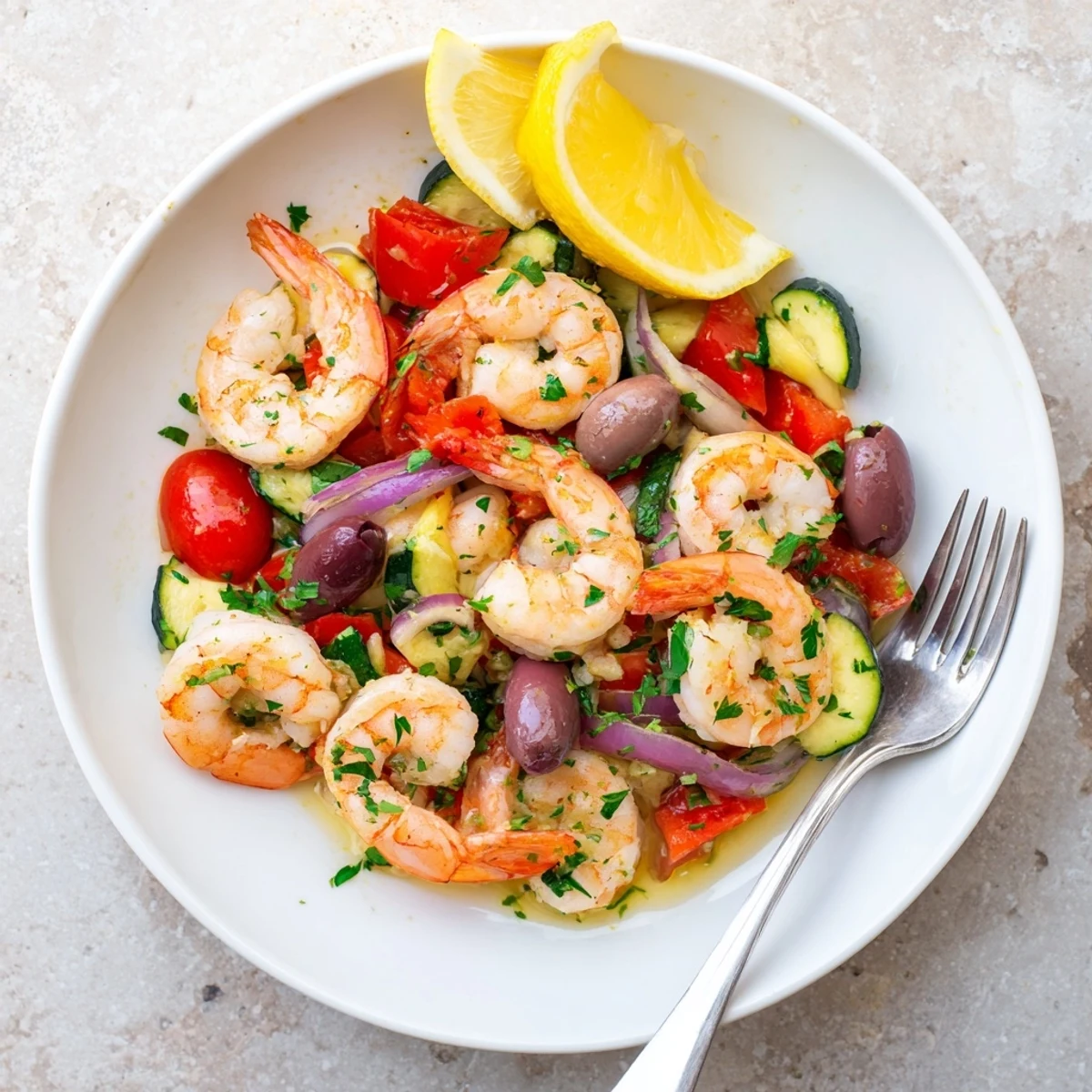 A steaming Mediterranean Shrimp Skillet drizzled with lemon juice and garnished with fresh parsley