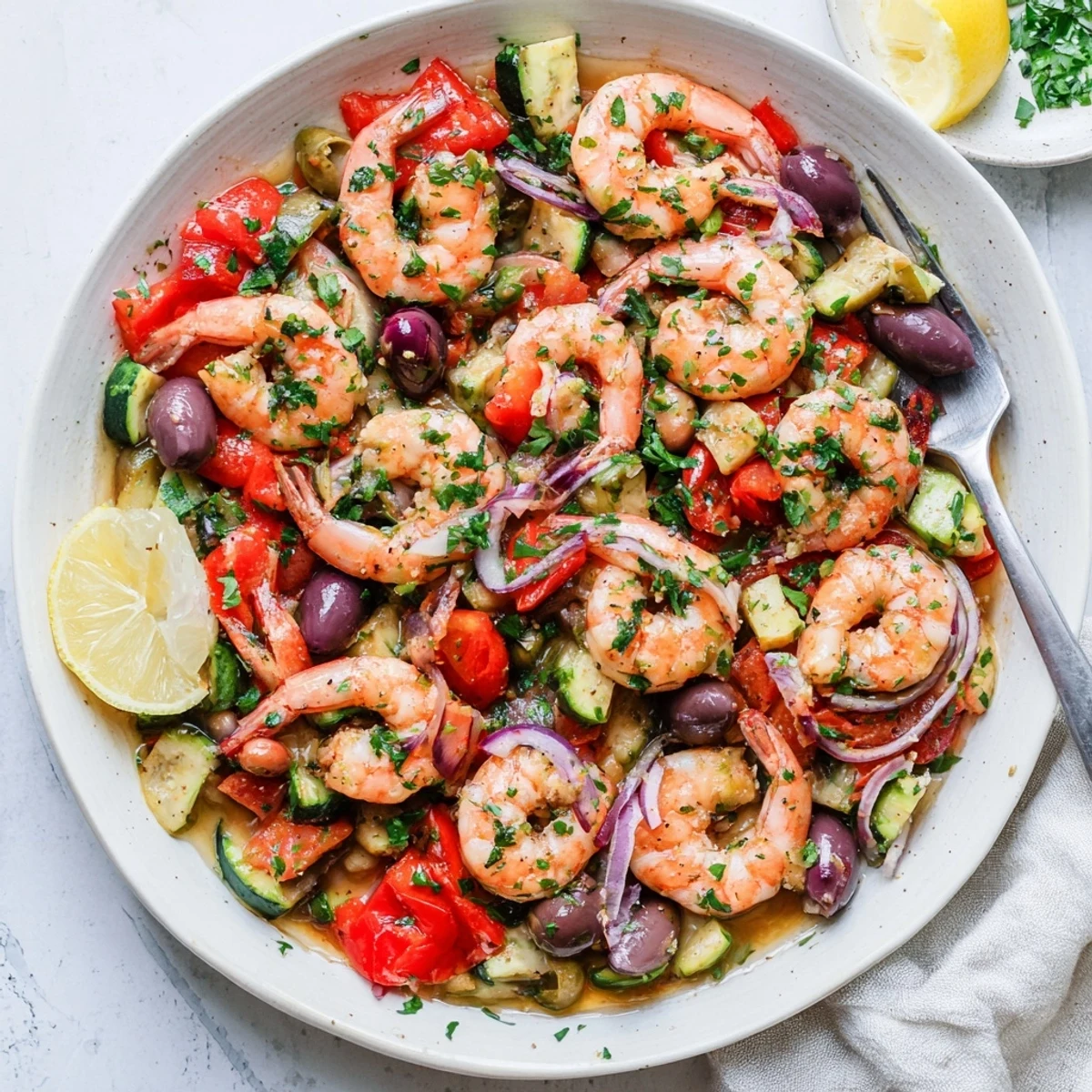 Golden pan-seared shrimp nestled among cherry tomatoes and olives in a Mediterranean Shrimp Skillet