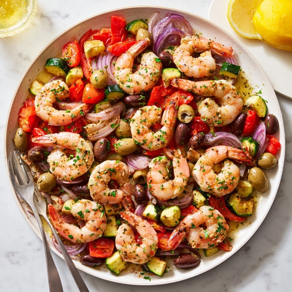 Juicy pink shrimp simmered with bell pepper and zucchini in this vibrant Mediterranean Shrimp Skillet