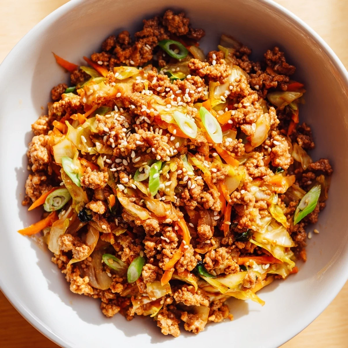 Steaming bowl of keto egg roll in a bowl with savory ground pork and tender cabbage