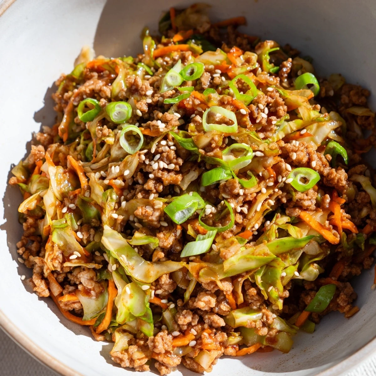 Glowing skillet of keto egg roll in a bowl with carrots, green onions, and fragrant ginger