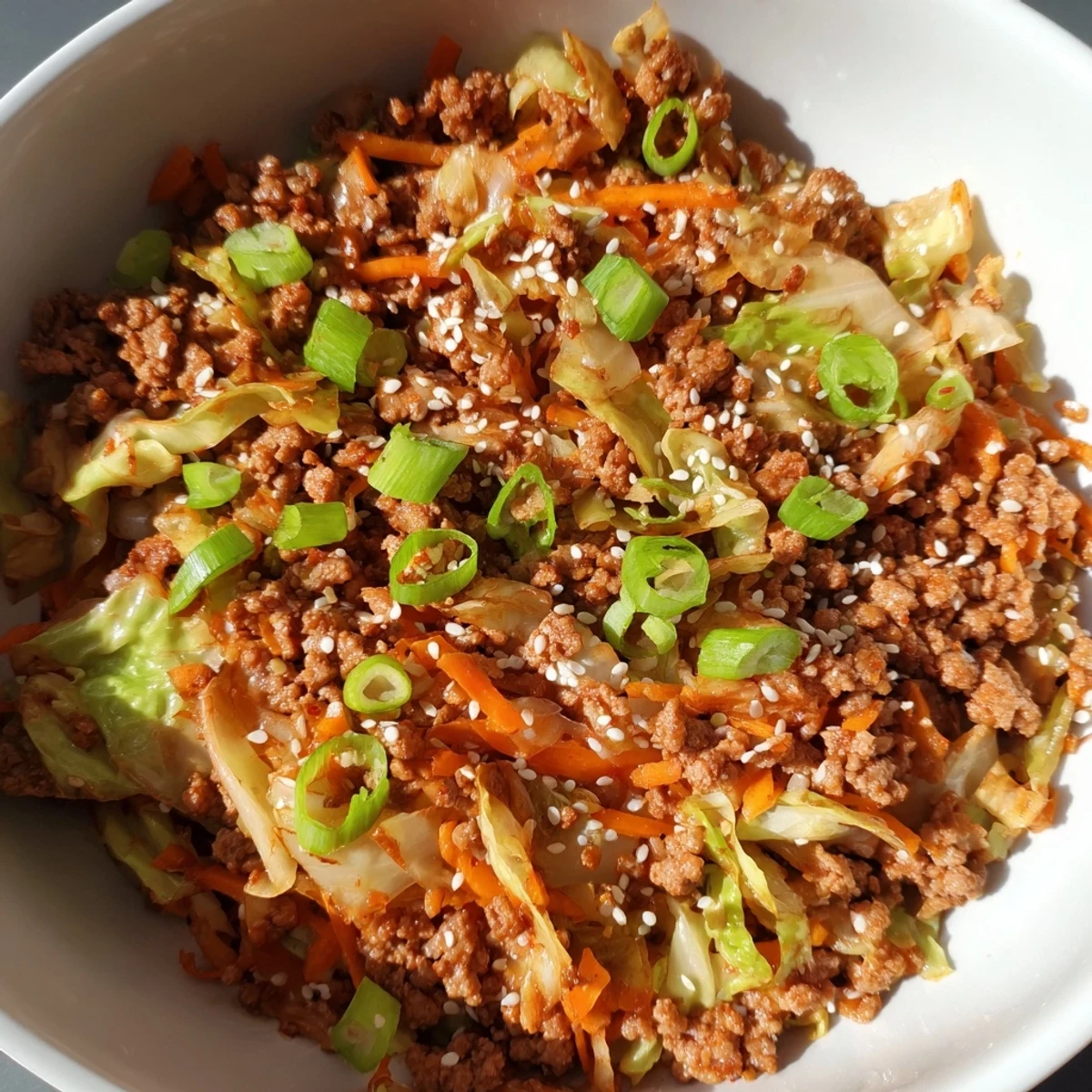 Golden browned pork and shredded cabbage in a keto egg roll in a bowl topped with sesame seeds