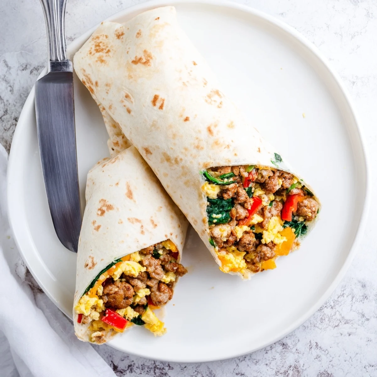Golden freezer breakfast burritos stuffed with scrambled eggs, sausage, and melted cheddar