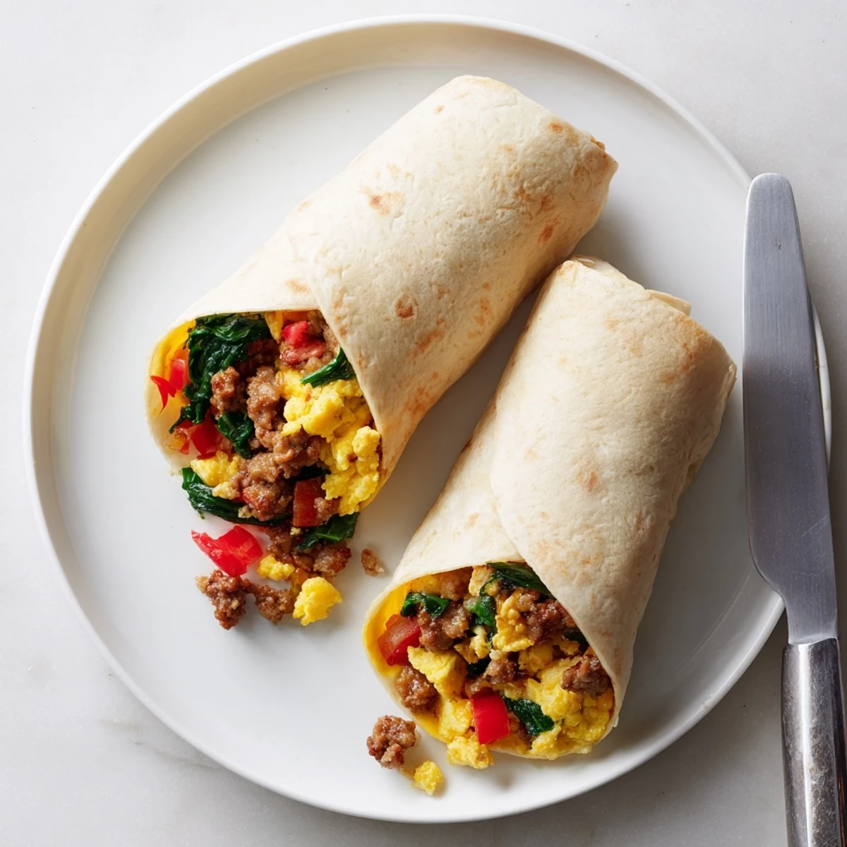 Warm freezer breakfast burritos filled with cheesy egg and sausage on a plate