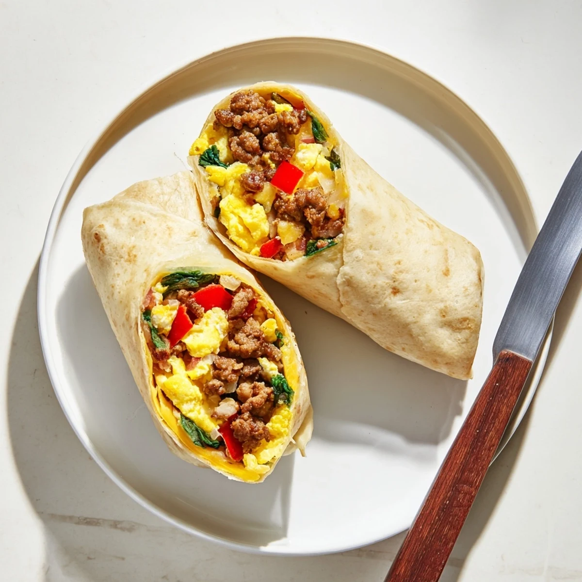 Foiled freezer breakfast burritos ready to reheat with fluffy eggs and peppers inside