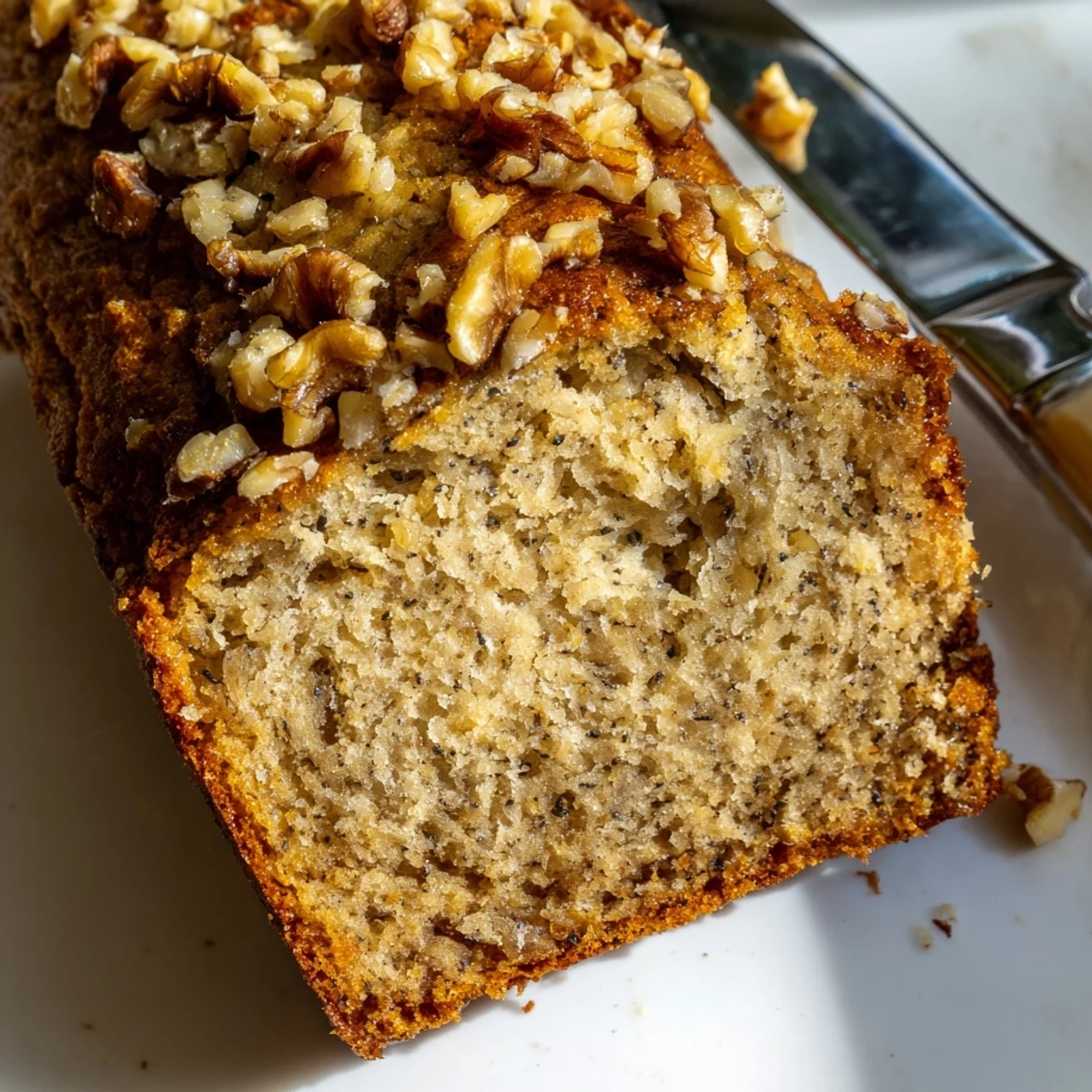 Moist banana nut bread loaf studded with crunchy walnuts on a wire rack