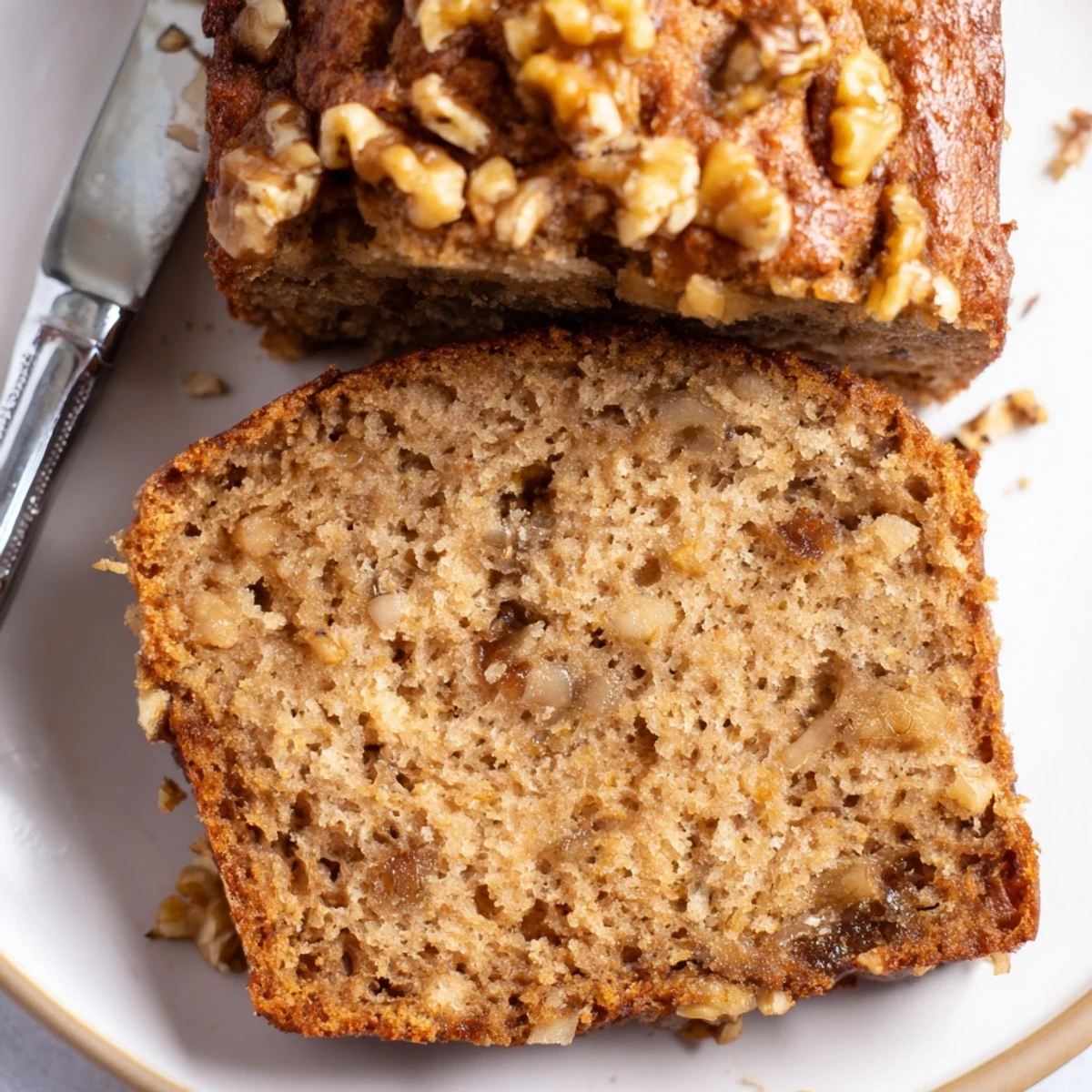 Warm banana nut bread topped with chopped pecans ready for breakfast