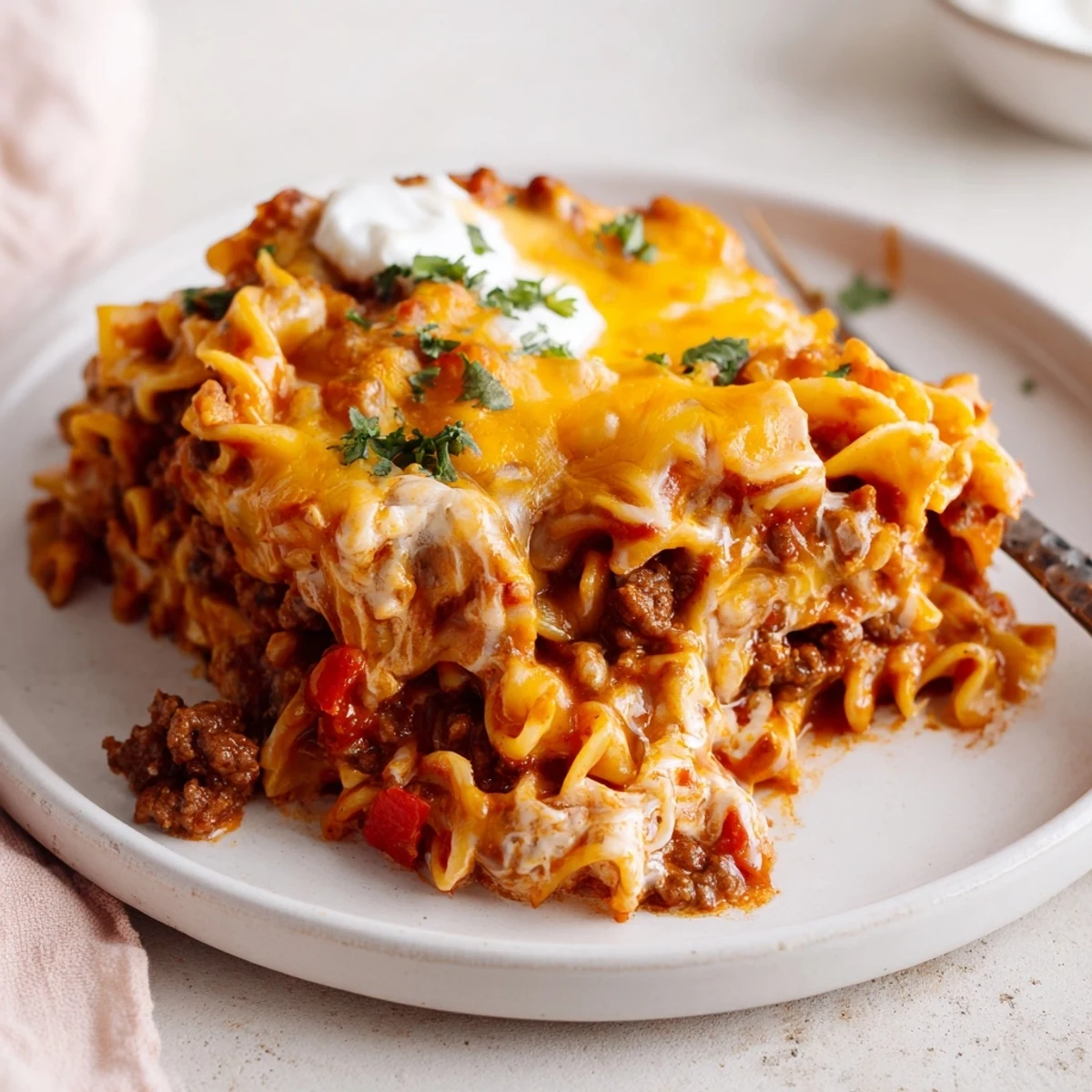 Slice of Beef Noodle Casserole on plate beside garlic bread, steaming