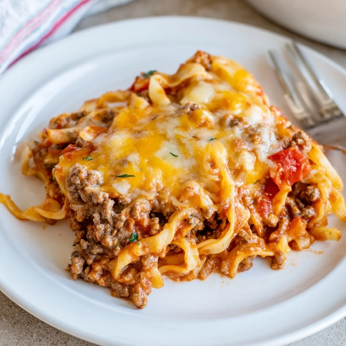 Hearty Beef Noodle Casserole bubbling with melted cheddar, fresh parsley garnish