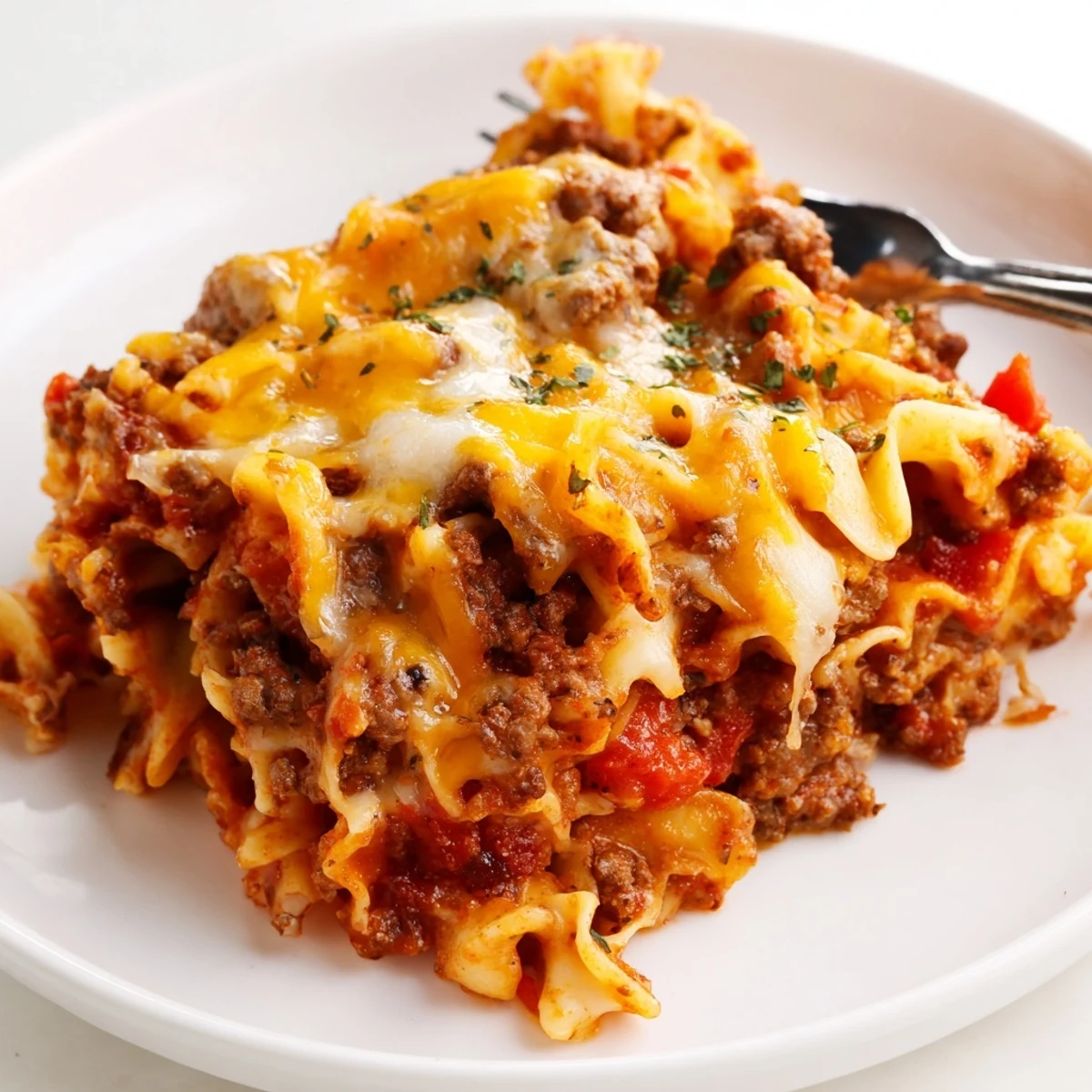 Golden topped Beef Noodle Casserole with tender meat and rich tomato sauce