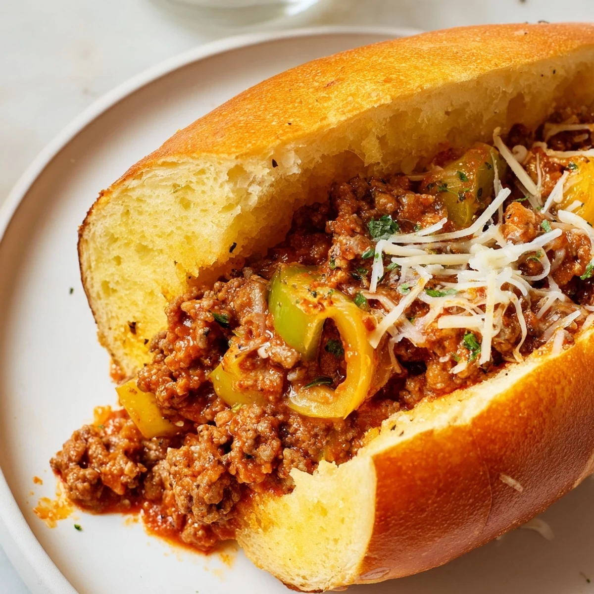 Crunchy baguette halves cradling savory Garlic Bread Sloppy Joes and melted mozzarella cheese