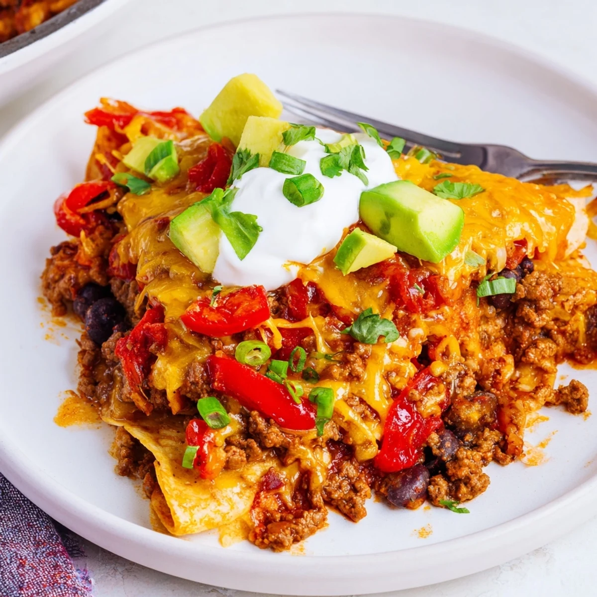 One-pan Beef Skillet Enchiladas served hot with avocado and sour cream