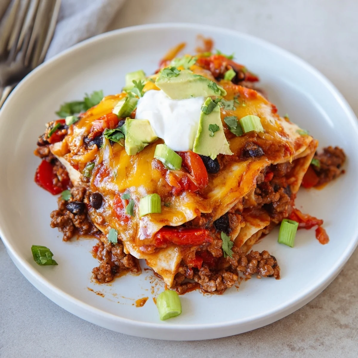 Pan of Beef Skillet Enchiladas layered with corn tortillas, spiced beef, bubbling cheese