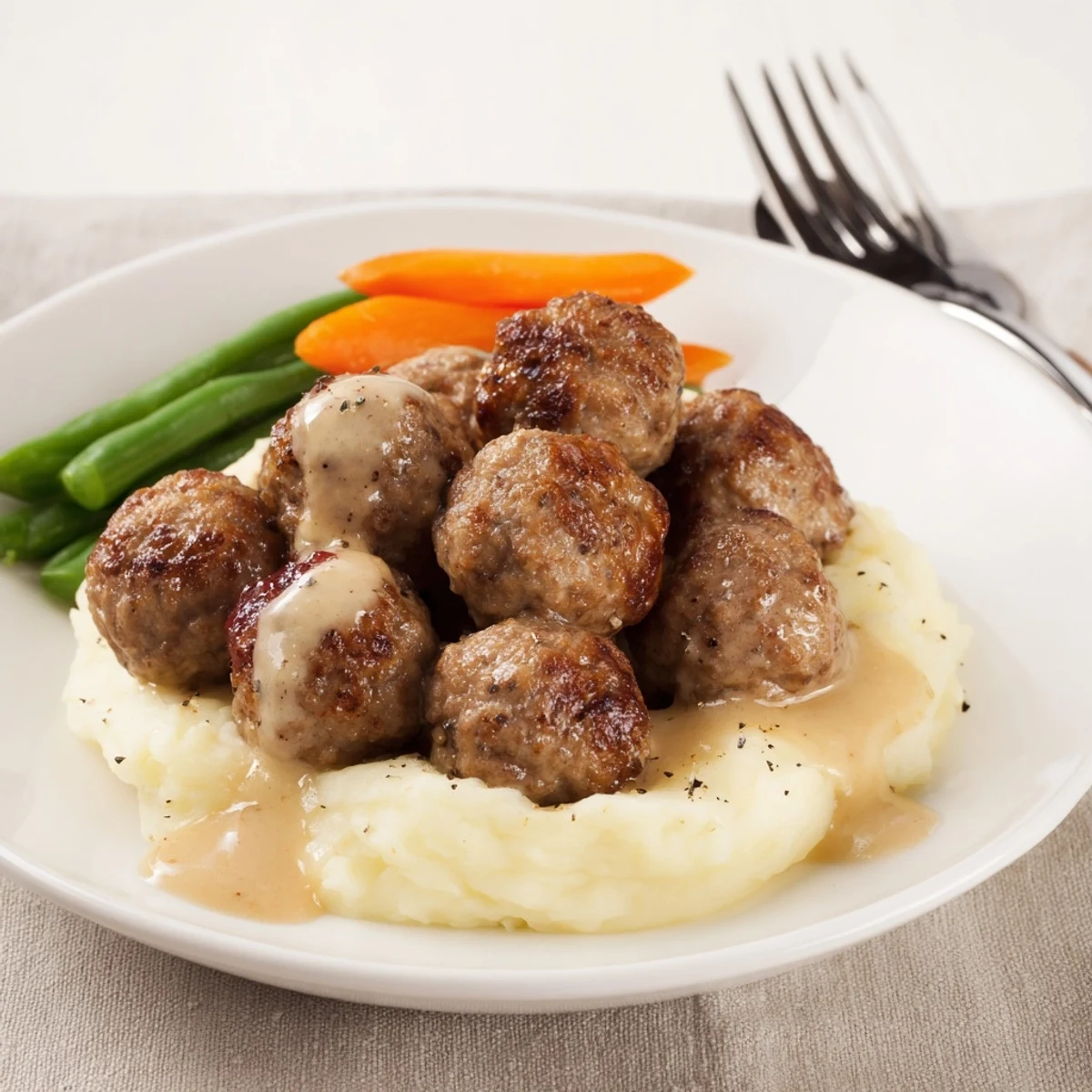 Homemade Ikea Meatballs simmering in creamy gravy over mashed potatoes.