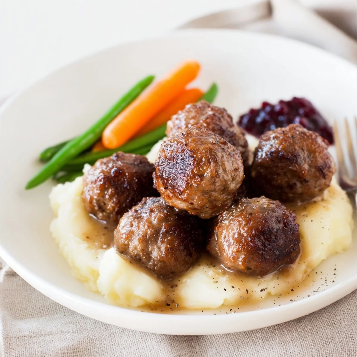 Plated Homemade Ikea Meatballs, tender and browned, with lingonberry jam.