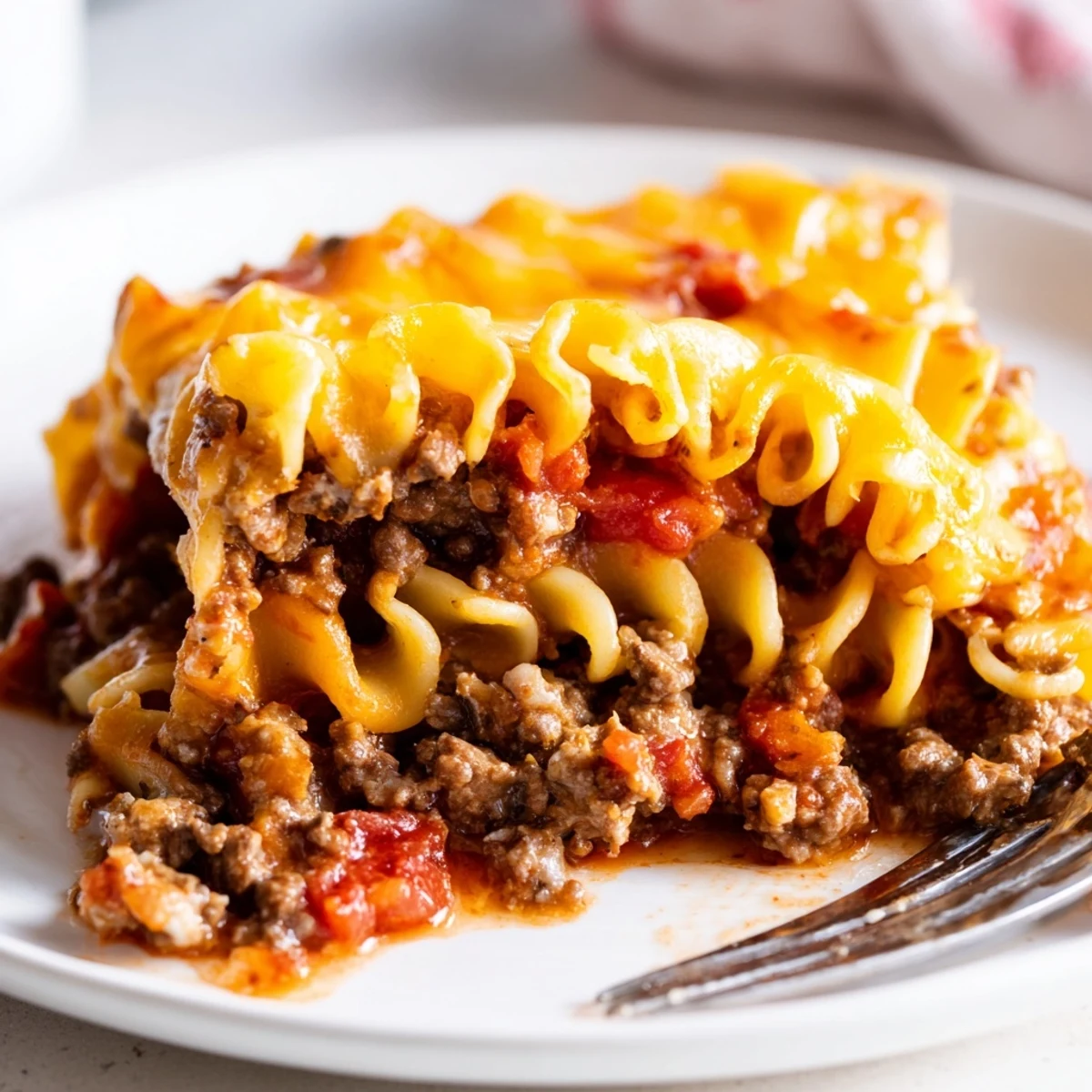 Beef Lombardi Casserole bubbling golden; cheesy top and savory tomato and beef aroma