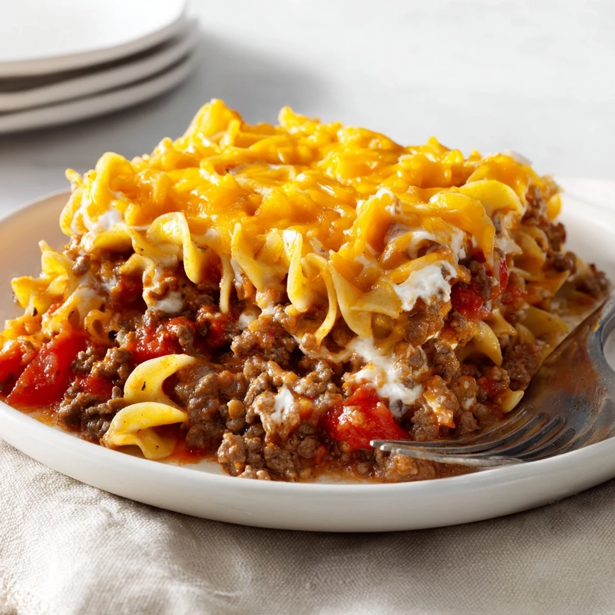 Sliced Beef Lombardi Casserole served warm with crusty bread and green salad