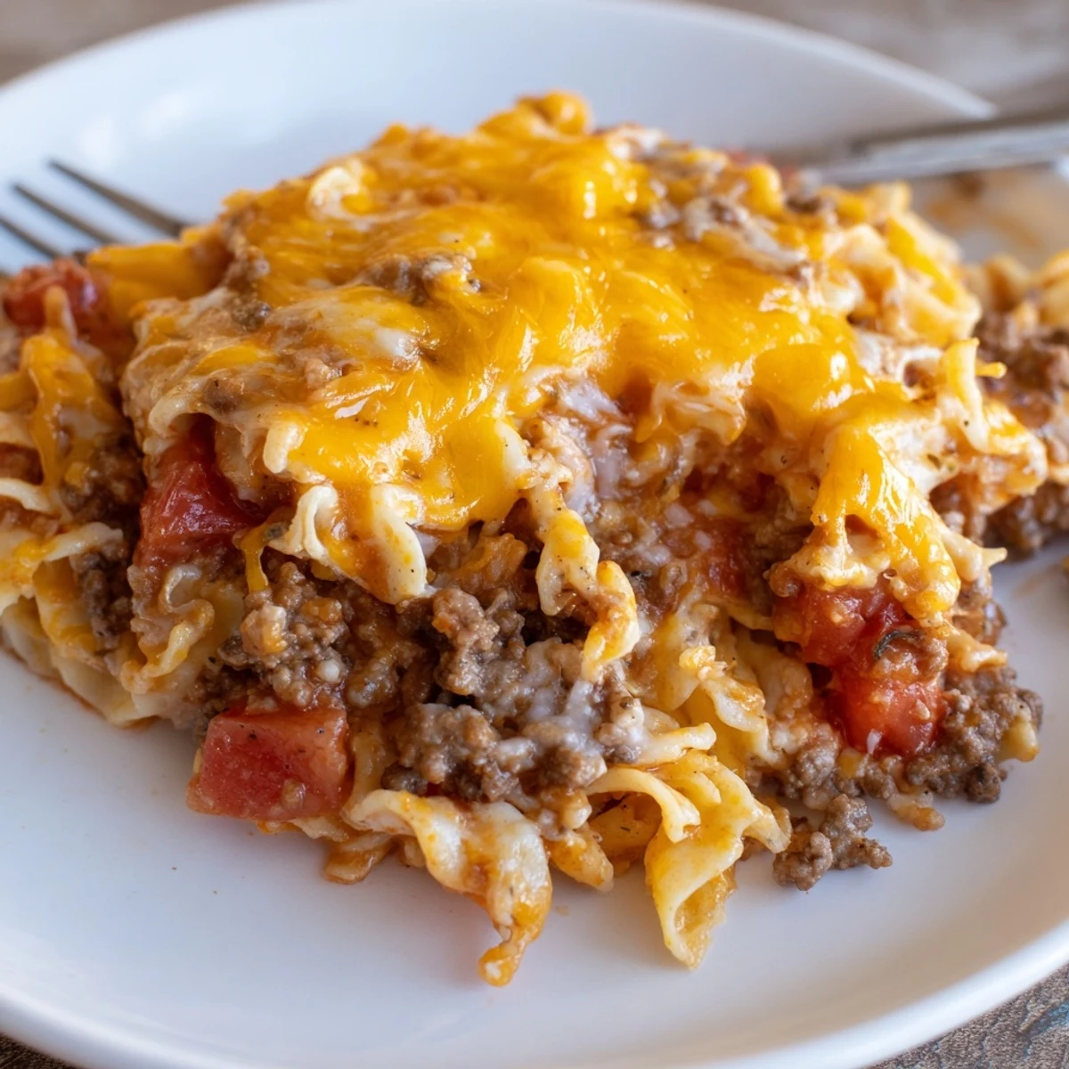 Hearty Beef Lombardi Casserole spoonful revealing creamy cheese, tender noodles, seasoned beef