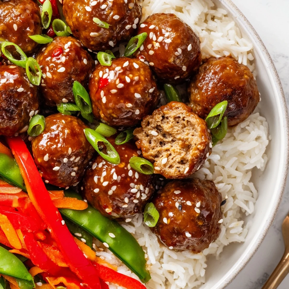 Hello Fresh Firecracker Meatballs glazed sticky, served over fluffy jasmine rice, scallions