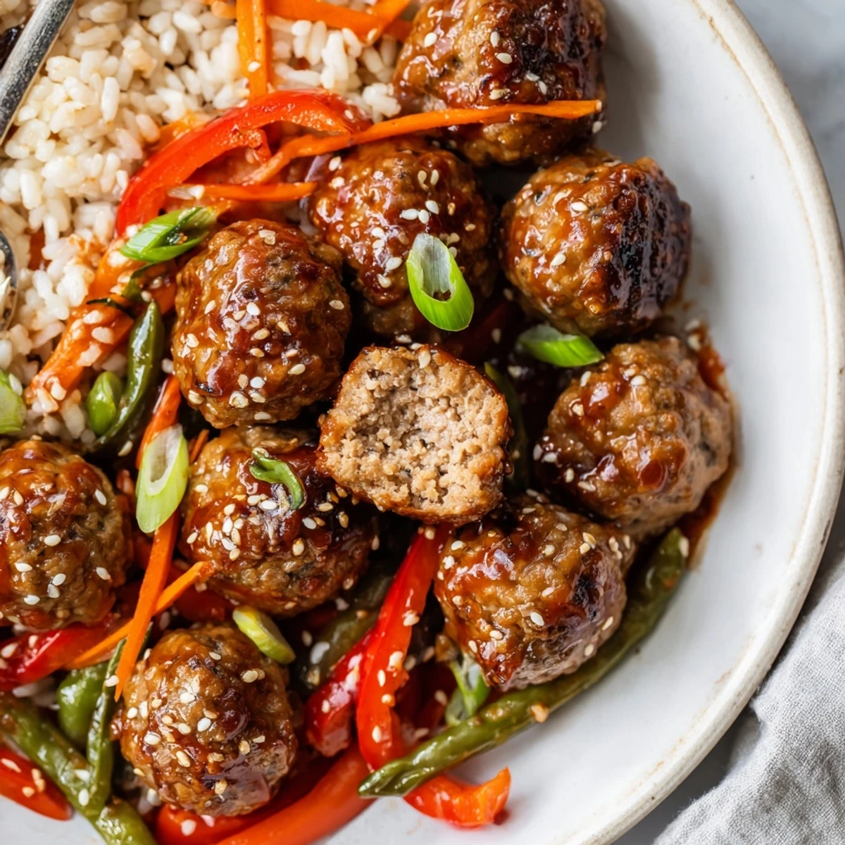 Baked Hello Fresh Firecracker Meatballs tossed in spicy sweet sauce with sesame