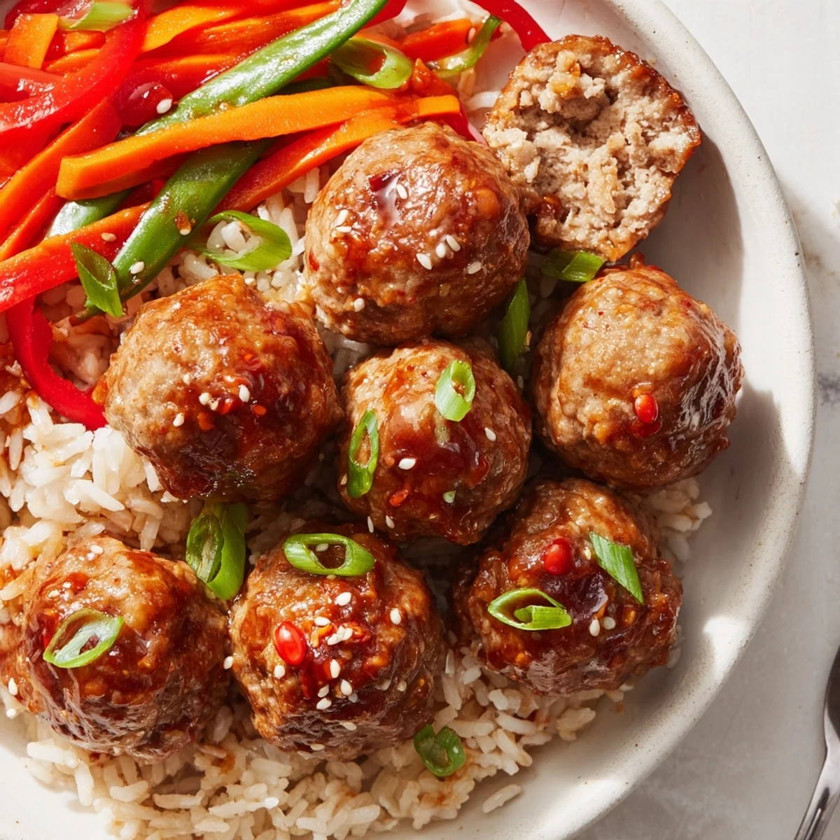 Crisp sautéed vegetables beside Hello Fresh Firecracker Meatballs drizzled with extra sauce