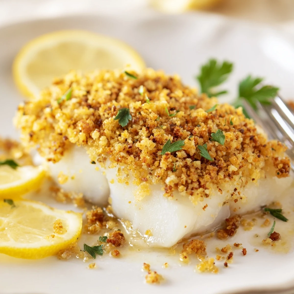 Boston Baked Cod with golden breadcrumb topping and lemon wedges, oven-fresh