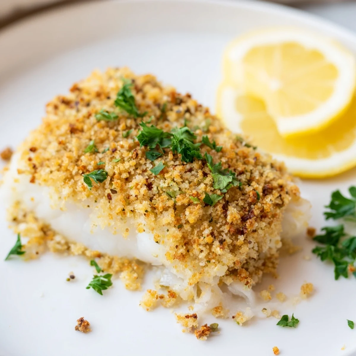 Crispy Boston Baked Cod fillets, buttery crumbs, garlic aroma, served hot