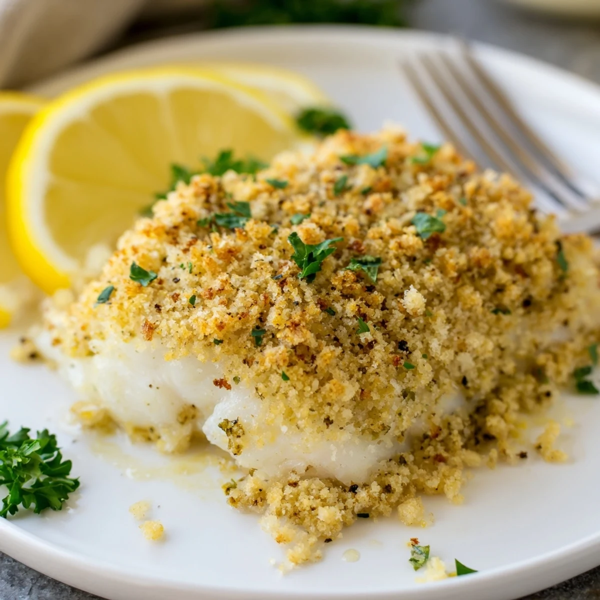 Herbed Boston Baked Cod resting in a baking dish, flaky, lightly lemoned