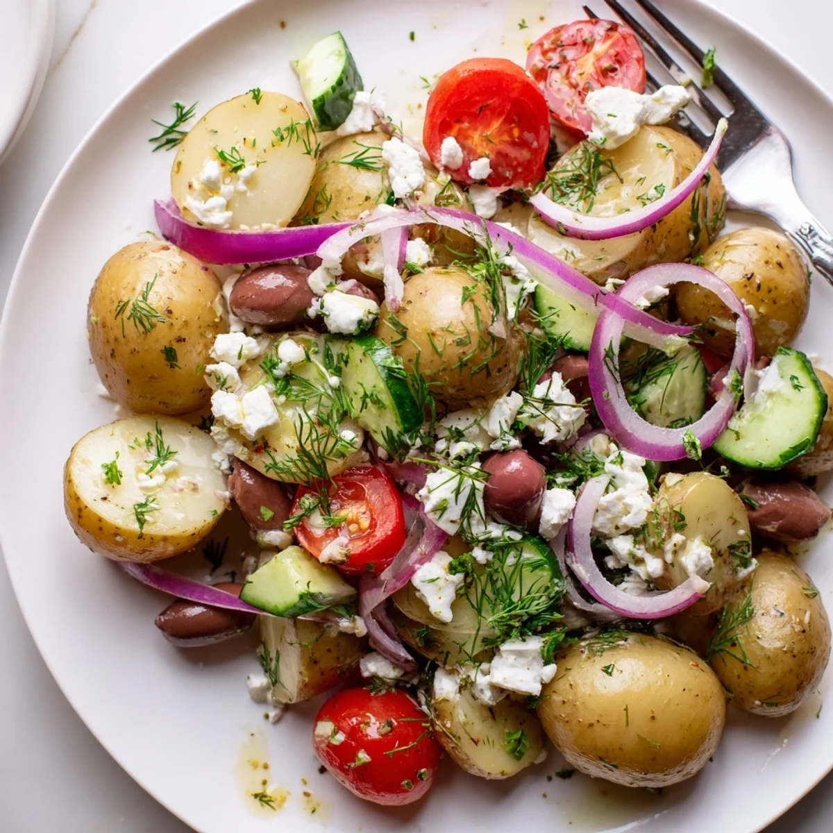 Olive Greek Potato Salad with creamy feta, briny Kalamata, picnic ready bowl