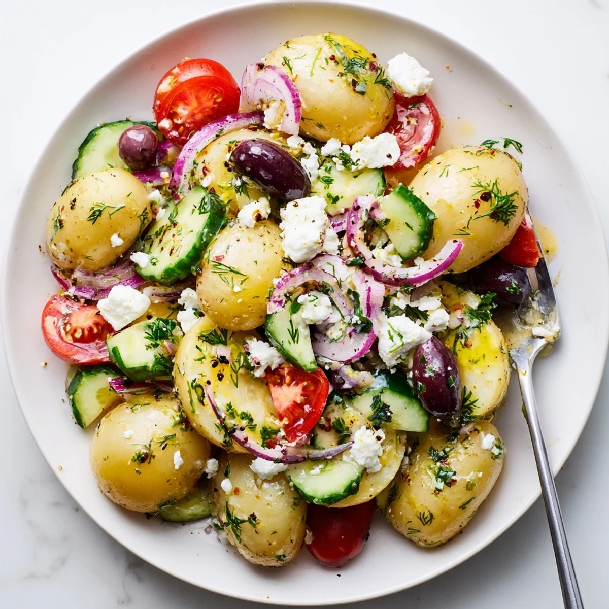 Olive Greek Potato Salad piled with halved potatoes, cucumber, herbs, perfect for barbecues
